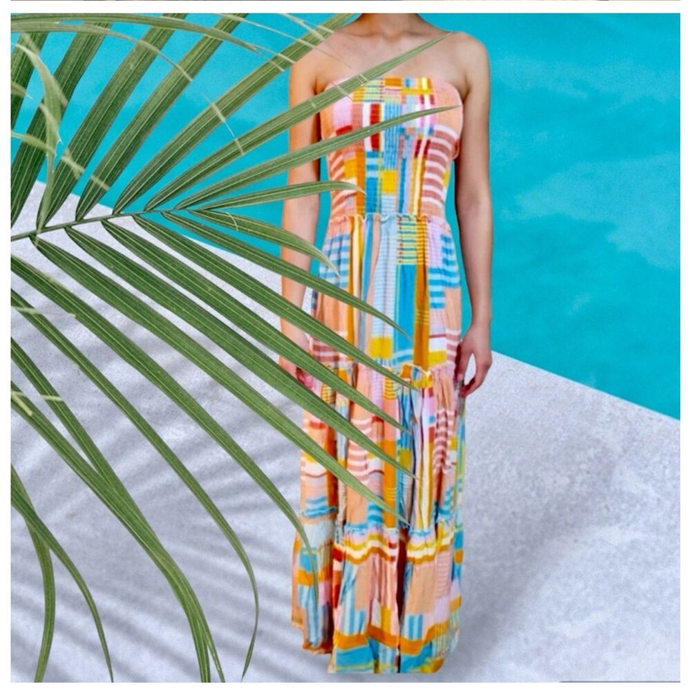 Abel the Label Anthropologie Patchwork Strapless Tiered Maxi Dress Small Smocked - Picture 2 of 10